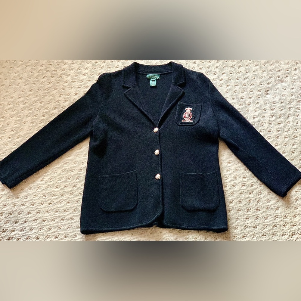 Vintage 1990s Women’s Medium Black 100% Cotton Ralph Lauren Polo Blazer Sweater